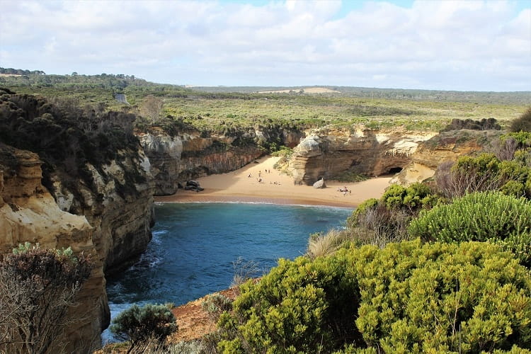 Small beach and fields in Victoria, Australia.