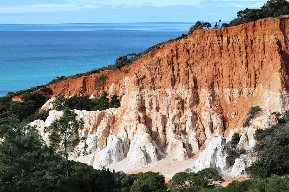 Unique white and orange cliffs at The Pinnacles, Ben Boyd National Park. A great attraction on a Sydney to Melbourne road trip.