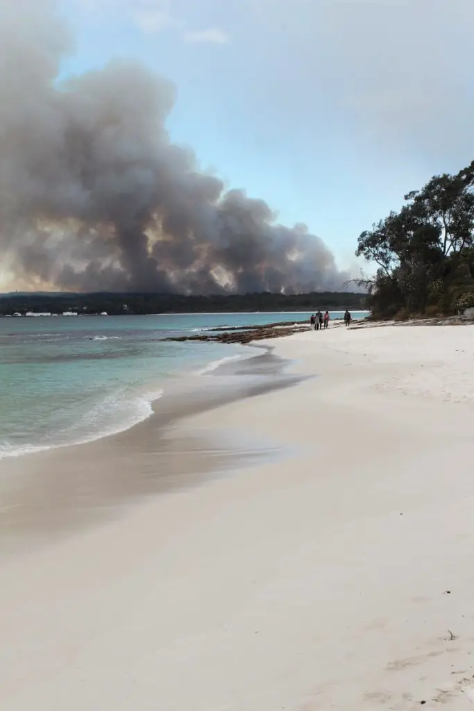 Bushfire in Booderee National Park viewed from Hyams Beach, Australia.