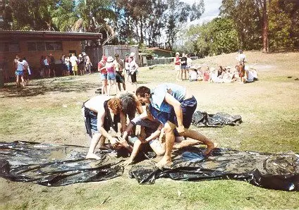 Students having a mug fight at a college event called Recovery at Union College, Brisbane in 2001.