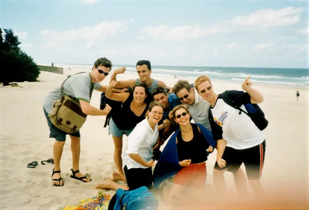 A group of Australian and international students from UQ, Australia on a day trip to Surfers Paradise in 2001.