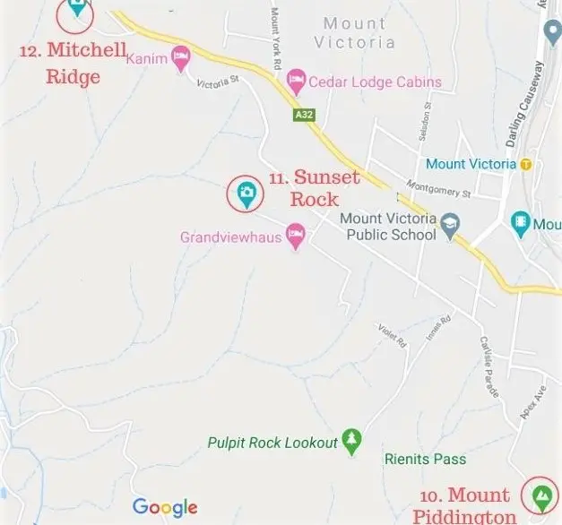 MAp of beautiful Blue Mountains lookouts in Mount Victoria.