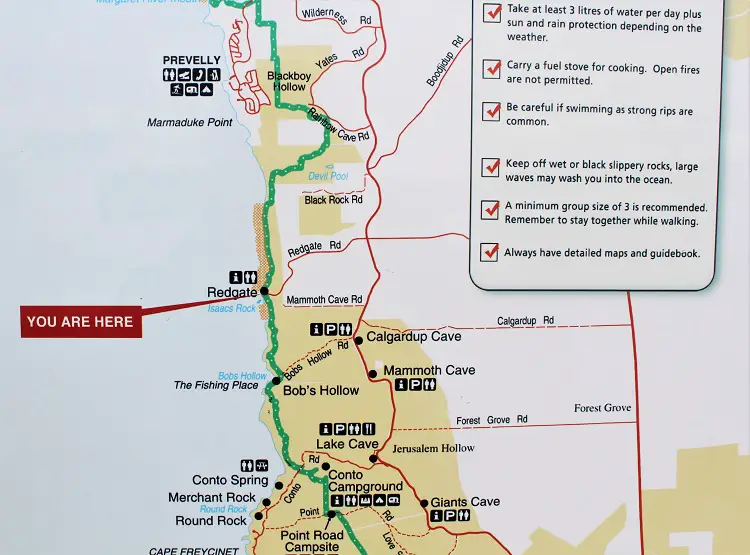 Map of Margaret River coastline: beaches, toilets and camping grounds.