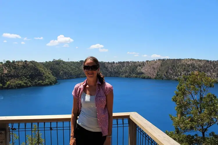 The editor of Dreaming of Down Under blog hiking around The Blue Lake in Mount Gambier in summertime.