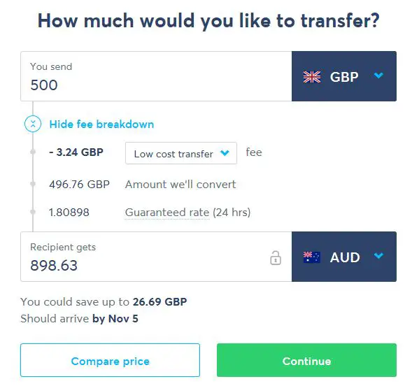 A screenshot from a Wise currency transfer.