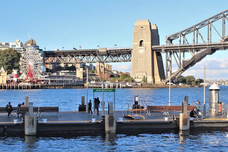 View of Sydney Harbour Bridge and Luna Park from McMahons Point wharf in Sydney.