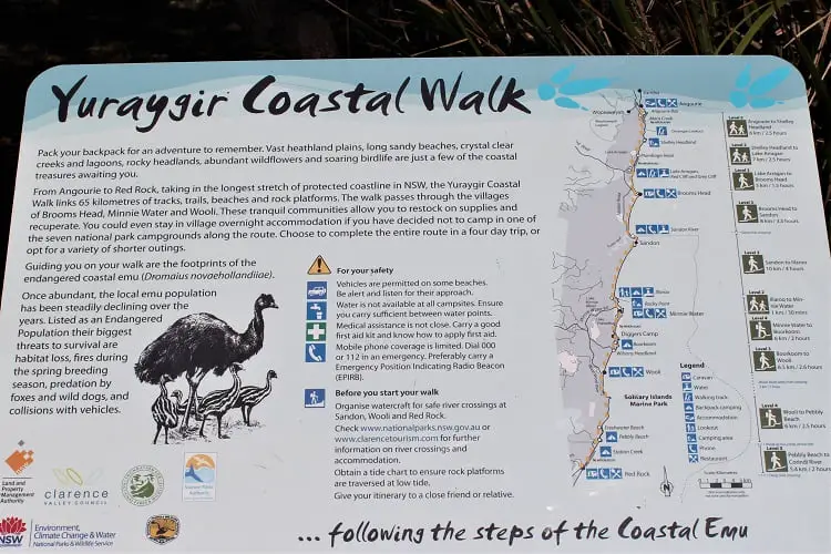 Information and map of Yamba coastal walk (Yuraygir walk) from ANgourie Point to Red Rock.