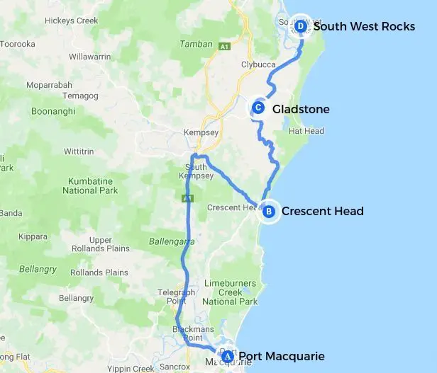 Mid North Coast NSW map showing drive stops of Port Macquarie, Crescent Head, Gladstone and South West Head.