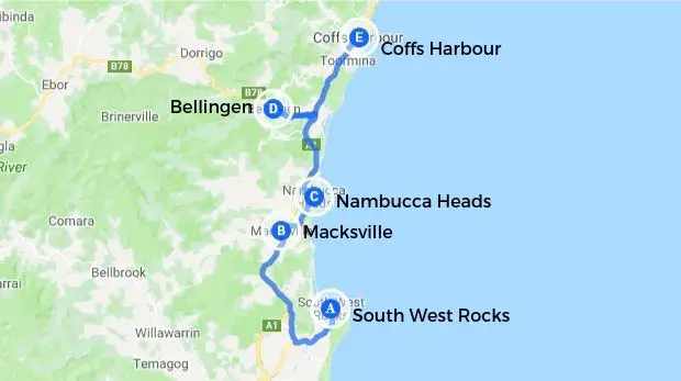 Mid-North Coast NSW map, Australia for a, East Coast road trip.