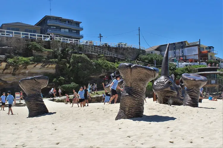 Huge rhinoceros at Tamarama Beach at the 2016 Sculptures by the Sea in Sydney!