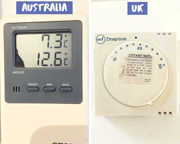 Thermostat showing how cold Australian houses are compared to houses in the UK.