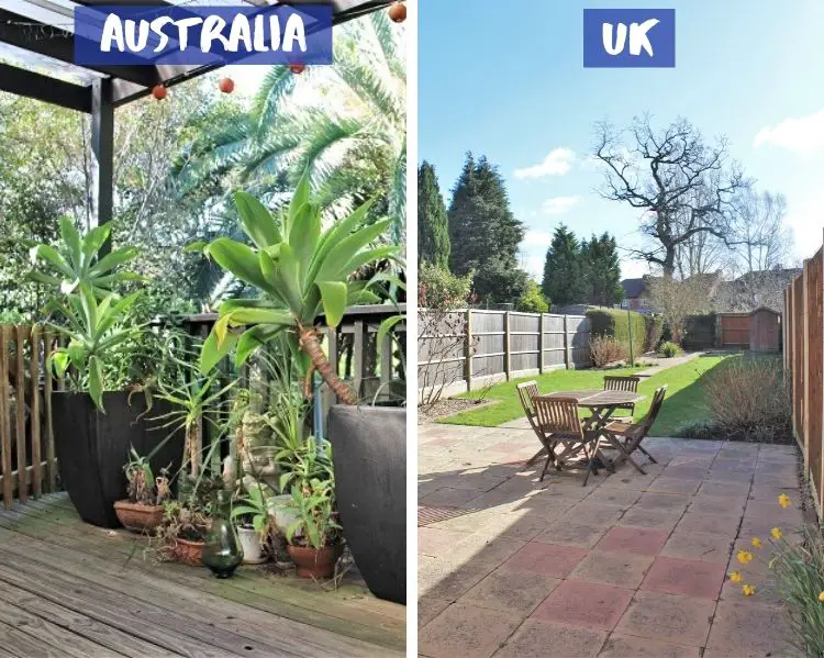 A back veranda in Australia full of plants compared to a back garden in the UK.