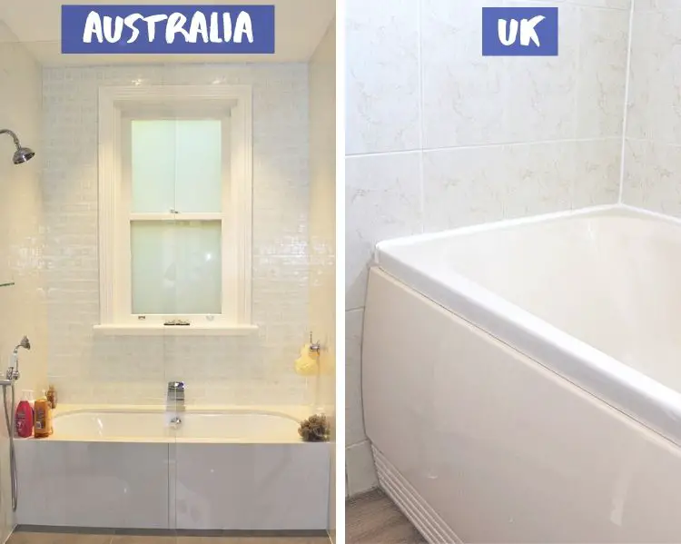 A bathtub in the UK with a plastic side panel next to an Australian bathtub with solid base.