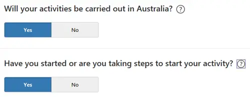Screenshot of starting a business in Australia application.