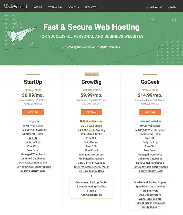 Screenshot of setting up discounted website hosting with Siteground.