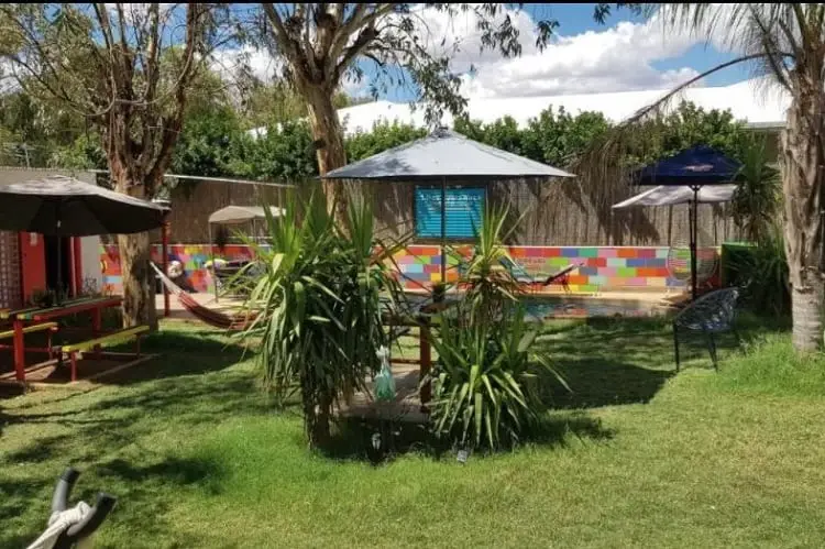 Leafy tropical garden in backpacker accommodation, Alice Springs.