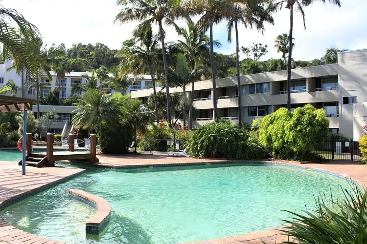 Beautiful swimming pool and apartments at Tangalooma Island Resort.