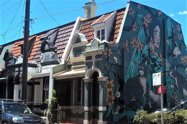 Painted Victorian terrace houses on Lennox Street, Newtown, Sydney.