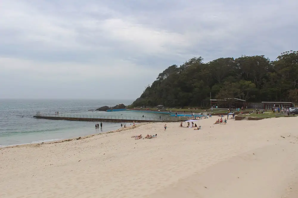 Forster Beach and ocean pool on a cloudy day - one of the best things to do in Forster.