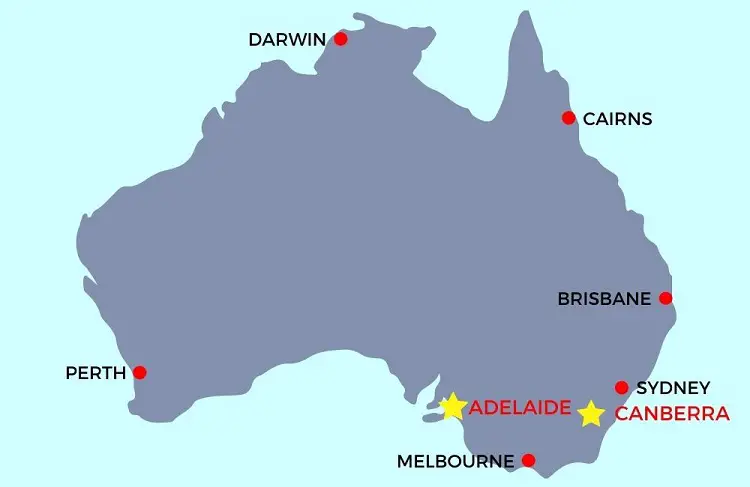 Map of Australia showing Adelaide and Canberra's location.