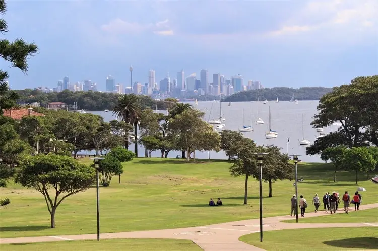 Looking across Robertson Park to Sydney Harbour and the Sydney skyline.