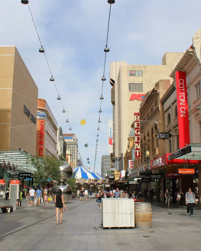 Busy Rundle Mall shopping street in Adelaide CBD.