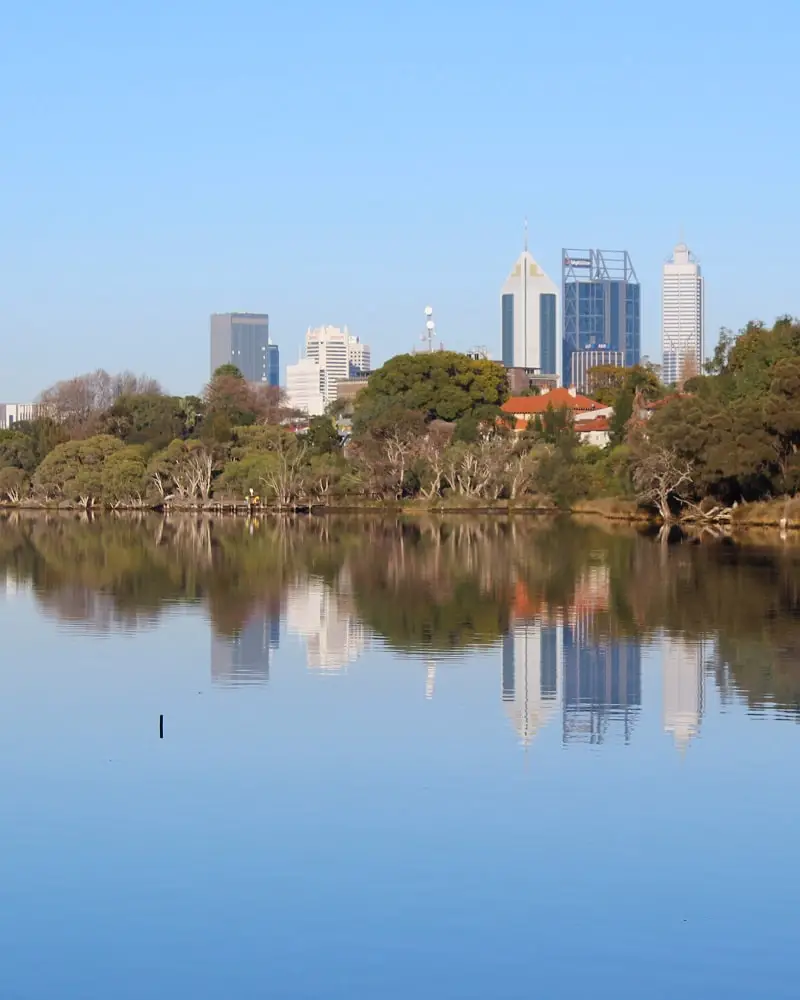 Perth CBD behind the Swan River on a sunny day.