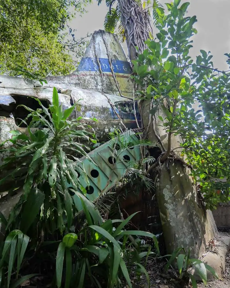 The Kuranda plane wreckage covered by vines in the rainforest.