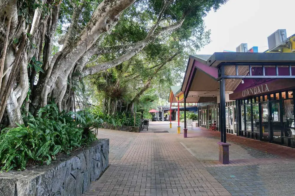The main shopping street in Kuranda village in Queensland.