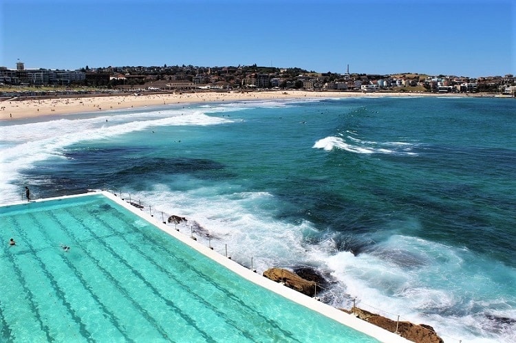 Looking down on Bondi Beach and Icebergs pool.