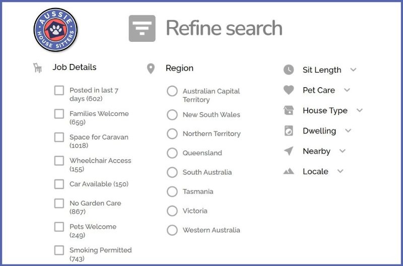 List of house sit search filters on Aussie House Sitters, the best house sitting website in Australia.